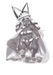  1girl absurdres belt beltbra bottle breasts cape clitoris dark_skin full_body ghgnvm greyscale guilty_gear guilty_gear_xrd hat highres long_hair looking_down monochrome pubic_hair pussy ramlethal_valentine sandals small_breasts solo squatting thigh_strap toes uncensored underboob urinal urinal_bottle white_background 