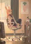  1girl animal_ears animal_print bored bunny_ears bunny_print carrot chair commentary cup curtains cushion desk feet_on_chair figure full_body heater highres holding_own_foot hood hood_down hoodie knees_apart_feet_together light_frown long_hair long_sleeves looking_away mug nerio_(neri_akira) no_shoes office_chair original pants pencil pencil_mustache pink_hair poster_(object) sitting socks solo sticker thinking trash_can wooden_floor 