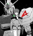  1boy amuro_ray char&#039;s_counterattack earth_federation green_eyes gundam highres hiyon_k looking_down looking_to_the_side mecha monochrome nib_pen_(medium) nu_gundam space traditional_media uniform v-shaped_eyebrows 