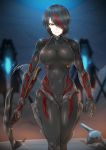  1girl ahoge artist_name axe black_hair blurry blurry_background bodysuit breasts eyebrows_visible_through_hair genderswap genderswap_(mtf) hair_over_one_eye helmet highlights highres holding holding_axe holding_weapon large_breasts looking_at_viewer multicolored_hair red_hair short_hair skin_tight solo stalker_(warframe) standing tight warframe watermark weapon yellow_eyes zxpfer 