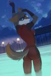  2020 anthro butt butt_pose canid canine canis clothing darkflamewolf female hi_res mammal mask murana_wolford_(darkflame-wolf) night partially_submerged pose solo suit swimming_pool vigilante vystis water wet wolf 