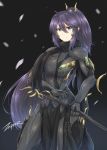 1girl blue_eyes bodysuit english_commentary excalibur_(warframe) excalibur_umbra_(warframe) eyebrows_visible_through_hair frown gold_trim hair_between_eyes hand_on_sheath katana long_hair looking_at_viewer ponytail power_suit purple_hair scarf signature solo sword very_long_hair warframe weapon zxpfer 