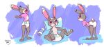  2020 anthro baby_powder bent_over clothing diaper disney extry female fur furgonomics grey_body grey_fur hand_on_knee hi_res judy_hopps lagomorph leporid lying mammal on_back pillow pink_nose purple_eyes rabbit shirt solo spread_legs spreading standing stretching topwear zootopia 