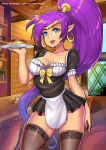  1girl blue_eyes breasts dark_skin earrings food giovanni_zaccaria gold_hairband jewelry lace lace-trimmed_legwear long_hair looking_down maid patreon_username pointy_ears ponytail pudding purple_hair shantae_(character) shantae_(series) tan thighhighs tied_hair 
