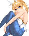  1girl ahoge animal_ears artoria_pendragon_(all) artoria_pendragon_(swimsuit_ruler)_(fate) bangs bare_arms bare_shoulders blonde_hair blue_legwear blush breasts bunny_ears closed_mouth commentary_request eyebrows_visible_through_hair fake_animal_ears fate/grand_order fate_(series) fishnet_legwear fishnets hair_between_eyes high_ponytail highres kisaragi_(legobionicle23) knees_up large_breasts leotard long_hair looking_at_viewer pantyhose signature sitting solo thighs white_leotard 