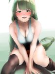  1girl black_legwear blush breasts commentary_request covered_nipples gradient gradient_background green_eyes green_hair grey_shirt highres kantai_collection large_breasts long_hair looking_at_viewer mole mole_under_mouth no_panties open_mouth shirt sitting sleeveless sleeveless_shirt smile solo tama_(seiga46239239) teeth thighhighs tongue tongue_out very_long_hair yuugumo_(kantai_collection) 