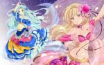  2girls ahoge arm_up black_ribbon blonde_hair blue_hair blue_nails blue_skirt bra breasts character_request cleavage collarbone dancer dancing floating_hair flower granblue_fantasy groin hair_bun hair_flower hair_ornament hair_ribbon highres layered_skirt long_hair long_skirt lyria_(granblue_fantasy) medium_breasts midriff multiple_girls navel outstretched_arms pink_bra pink_flower pochi-a red_flower ribbon sash shiny shiny_hair skirt small_breasts stomach toenail_polish underwear very_long_hair 