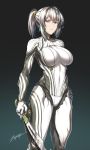  1girl blue_eyes bodysuit breasts excalibur_(warframe) excalibur_prime_(warframe) gold_trim hand_on_hip highres holding holding_sword holding_weapon large_breasts looking_at_viewer medium_hair ponytail power_suit signature skin_tight solo sword warframe weapon white_hair zxpfer 