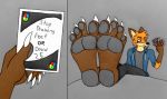  4_toes anthro big_feet canid canine card_game claws clothed clothing english_text feet foot_focus fox fully_clothed gaming hindpaw hoodie humanoid_feet male mammal pawpads paws sitting solo text thieving_fox thieving_fox_(artist) toes topwear traditional_media_(artwork) uno 