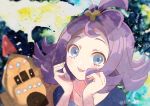  1girl :3 acerola_(pokemon) blue_eyes blush commentary_request dress fantasydolce from_above gen_7_pokemon hair_ornament hands_up looking_at_viewer looking_up medium_hair open_mouth palossand pokemon pokemon_(creature) pokemon_(game) pokemon_sm portrait purple_hair 