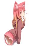  1girl akaneko_(idaten93) animal_ear_fluff animal_ears ass bangs blush brown_hair brown_hoodie cat_ears cat_girl cat_tail closed_mouth commentary_request cropped_torso eyebrows_visible_through_hair gradient_hair heart highres hood hood_down hoodie idaten93 long_hair long_sleeves looking_at_viewer looking_to_the_side multicolored_hair original pleated_skirt puffy_long_sleeves puffy_sleeves red_eyes red_hair red_skirt simple_background skirt sleeves_past_wrists smile solo tail very_long_hair white_background 