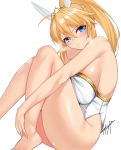  1girl ahoge animal_ears artoria_pendragon_(all) artoria_pendragon_(swimsuit_ruler)_(fate) bangs bare_arms bare_legs bare_shoulders barefoot blonde_hair blush breasts bunny_ears closed_mouth commentary_request eyebrows_visible_through_hair fake_animal_ears fate/grand_order fate_(series) hair_between_eyes high_ponytail highres kisaragi_(legobionicle23) knees_up large_breasts leotard long_hair looking_at_viewer signature sitting solo thighs white_leotard 