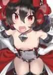  1girl 92m bangs bare_shoulders black_hair blush bonnet breasts cloak covered_navel elbow_gloves fang fur-trimmed_cloak fur_trim gloves hair_between_eyes hands_on_hips highres ilya_(princess_connect!) leotard long_hair looking_at_viewer open_mouth princess_connect! princess_connect!_re:dive red_eyes red_skirt simple_background skirt small_breasts thighs very_long_hair white_background white_cloak white_gloves white_leotard 