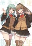  anniversary aqua_hair brown_hair brown_jacket cardigan congratulations green_eyes highres jacket kantai_collection konishi_(koconatu) kumano_(kantai_collection) official_art plaid plaid_skirt remodel_(kantai_collection) ribbon school_uniform skirt suzuya_(kantai_collection) thighhighs 