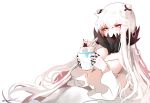  2girls aircraft_carrier_hime blush breasts cleavage covered_mouth cup dress hair_between_eyes hi_ye holding holding_cup horns kantai_collection long_dress long_hair midway_hime minigirl multiple_girls pale_skin red_eyes shinkaisei-kan side_ponytail simple_background very_long_hair white_background white_dress white_hair white_skin 