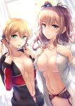  2girls anchor_hair_ornament black_garter blonde_hair blouse blue_eyes blush breasts brown_hair collarbone garter_straps green_eyes hair_ornament indoors jacket kantai_collection large_breasts long_sleeves looking_at_viewer medium_breasts multiple_girls navel no_bra one_side_up open_blouse open_clothes open_jacket open_mouth prinz_eugen_(kantai_collection) ryu-akt saratoga_(kantai_collection) twintails two-tone_jacket white_blouse 