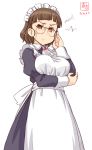 /\/\/\ 1girl adjusting_eyewear alternate_costume apron artist_logo bangs blue_dress blunt_bangs brown_eyes brown_hair commentary_request cowboy_shot dated dress enmaided frilled_apron frills glasses highres kanon_(kurogane_knights) kantai_collection looking_at_viewer maid maid_headdress pince-nez roma_(kantai_collection) simple_background solo wavy_hair white_apron white_background 
