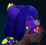  absurd_res anthro ava_rose7673 ball_gag bodily_fluids clothing drooling duo eyes_closed female fur gag gloves hair handwear hi_res knight_dd mammal mustelid purple_body purple_fur purple_hair saliva 