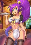  1girl blue_eyes breasts dark_skin earrings food giovanni_zaccaria gold_hairband jewelry lace lace-trimmed_legwear long_hair looking_down maid midriff patreon_username pointy_ears ponytail pudding purple_hair shantae_(character) shantae_(series) tan thighhighs thong tied_hair 