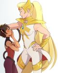  4:5 animal_humanoid blonde_hair blush breasts cat_humanoid catra duo felid felid_humanoid feline feline_humanoid female hair hand_on_hip human humanoid larger_female mammal mammal_humanoid omy_chan she-ra simple_background size_difference smaller_female white_background 