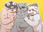  2020 anthro black_body black_fur blush canid canine canis clothing domestic_cat domestic_dog felid feline felis fur group hat headgear headwear humanoid_hands kemono kota&acute; male mammal overweight overweight_male simple_background tongue tongue_out 
