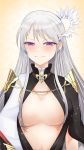  1girl azur_lane bangs black_cape black_dress blush breasts breasts_apart cape center_opening cleavage closed_mouth commentary_request dress enterprise_(azur_lane) enterprise_(heroic_finery)_(azur_lane) evening_gown eyebrows_visible_through_hair feathers fleur_de_lis hair_between_eyes hair_feathers half-closed_eyes highres large_breasts long_dress long_hair looking_at_viewer orange_background patterned_background purple_eyes ru-ne sidelocks silver_hair smile solo sparkle standing upper_body very_long_hair 