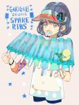  1girl aqua_nails badge blue_hair blue_nails bracelet earrings eating food gari_gari-kun high_ponytail highres holding jewelry long_hair multiple_earrings nail_polish nishihara_isao off-shoulder_shirt off_shoulder open_mouth original popsicle popsicle_stick see-through shirt solo visor_cap 