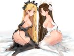  2girls absurdres ass babydoll bangs bare_shoulders black_bow black_gloves black_legwear blonde_hair blush bow breasts brown_hair earrings elbow_gloves ereshkigal_(fate/grand_order) fate_(series) garter_straps gloves hair_bow highres hoop_earrings ishtar_(fate)_(all) ishtar_(fate/grand_order) jewelry kneeling long_hair looking_at_viewer looking_back medium_breasts multiple_girls orange_eyes red_eyes sideboob simple_background thighhighs thighs tiara two_side_up white_background white_bow white_gloves white_legwear yukineko1018 