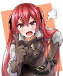  1girl brown_gloves fire_emblem fire_emblem_fates gloves long_hair open_mouth red_eyes red_hair selena_(fire_emblem_fates) simple_background solo tenchan_man twintails 