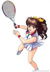  1996 1girl black_eyes brown_hair copyright copyright_name dated drill_hair highres long_hair looking_at_viewer open_mouth pc_engine_fan pleated_skirt ponytail shoes simple_background skirt sleeveless sneakers solo takada_akemi white_background white_skirt wristband 