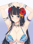  armlet armpits bangs bikini blue_bikini blue_eyes bracelet breasts flower gradient gradient_background hair_flower hair_ornament hand_on_head highres hime_cut ikaruga_(senran_kagura) jewelry large_breasts looking_at_viewer necklace senran_kagura swimsuit yaegashi_nan 