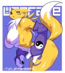  anthro breasts chest_tuft digimon digimon_(species) female looking_at_viewer nude pinup pose purple_background raised_tail renamon side_boob simple_background solo thick_thighs tuft watatanza 