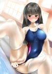  1girl absurdres bangs black_eyes black_hair blunt_bangs blush competition_swimsuit covered_navel covering covering_crotch highres indoors long_hair looking_at_viewer naughty_face one-piece_swimsuit partially_visible_vulva pool sitting smile solo spread_legs swimsuit thighhighs water white_legwear ziyuling 