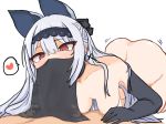  1boy 1girl ass black_gloves blush bow breasts choker cross cross_earrings drop_earrings earrings elbow_gloves eyelashes fellatio_under_mask floral_print girls_frontline gloves hair_bow hanging_breasts heart implied_fellatio jewelry labyrinth_of_the_dark lace-trimmed_hairband long_hair nipples nude red_eyes ro_(aahnn) simple_background small_breasts spoken_heart tokarev_(girls_frontline) tsurime veil very_long_hair white_background white_hair 