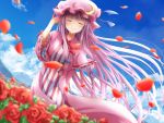  1girl arm_up blue_bow blue_ribbon blue_sky bow bowtie closed_eyes cloud commentary_request crescent crescent_moon_pin dress eyebrows_visible_through_hair flower garden hair_bow hat hat_ribbon long_hair mob_cap mountainous_horizon patchouli_knowledge petals pink_dress purple_hair ram_hachimin red_bow red_neckwear red_ribbon ribbon rose rose_petals sky smile solo striped striped_dress touhou very_long_hair wide_sleeves 