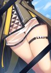  1girl arknights blurry chapter0p dress flying_sweatdrops grey_dress highres lower_body no_panties pussy_juice see-through short_dress skindentation solo thigh_gap thigh_strap thighs weedy_(arknights) wet 