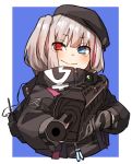  1girl amonitto assault_rifle beret black_headwear blue_background blue_eyes bullpup commentary_request desert_tech_mdr girls_frontline gloves gun hat hetero jacket looking_at_viewer mdr_(girls_frontline) multicolored_hair one_side_up red_eyes rifle silver_hair smile solo streaked_hair weapon 