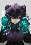  1girl :| adeshi_(adeshi0693119) animal_ears aqua_eyes bangs black_bow black_hair black_jaguar_(kemono_friends) bow bowtie breast_pocket clenched_hands closed_mouth commentary_request elbow_gloves fur_collar gloves glowing_hands grey_background hair_between_eyes hands_up highres jaguar_ears jaguar_print kemono_friends pocket print_gloves print_skirt raised_fists short_hair sidelocks simple_background skirt solo sparks tsurime v-shaped_eyebrows 