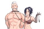  1boy 1girl abs angelia_(girls_frontline) bdsm bound bra breasts chest cigarette cleavage collar commentary_request dark_blue_hair gag gagged girls_frontline kcco_(girls_frontline) korean_commentary mannaru one_eye_covered ponytail prosthesis prosthetic_arm shirtless tied_up underwear white_hair yegor_(girls_frontline) 
