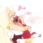  2girls adora_(she-ra) animal_ears arms_around_waist blonde_hair bracer cat_ears cat_girl cat_tail catra closed_eyes couple embarrassed happy head_in_chest heart highres hug laughing leg_wrap long_hair masters_of_the_universe multiple_girls open_mouth ponytail she-ra_and_the_princesses_of_power short_hair simple_background sitting sitting_on_lap sitting_on_person size_difference sleeveless spoilers spoken_blush su_ggushi tail tail_wrap tall_female tiara toeless_legwear very_long_hair white_background winged_hair_ornament yuri 