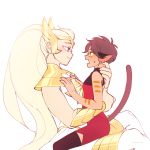  2girls adora_(she-ra) animal_ears arms_around_waist blonde_hair blue_eyes bracer cat_ears cat_girl cat_tail catra couple eye_contact highres light_blush long_hair looking_at_another masters_of_the_universe multiple_girls ponytail she-ra_and_the_princesses_of_power short_hair simple_background sitting sitting_on_lap sitting_on_person size_difference sleeveless smile spoilers su_ggushi sweatdrop tail tall_female tiara very_long_hair white_background winged_hair_ornament yuri 