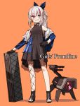  1girl alternate_costume amonitto asymmetrical_legwear black_dress black_gloves blue_eyes commentary_request dinergate_(girls_frontline) dress earrings fishnet_legwear fishnets girls_frontline gloves grin hair_ribbon hetero jewelry long_hair looking_at_viewer mdr_(girls_frontline) nail_polish off_shoulder ponytail red_eyes ribbon silver_hair smile solo weapon_case 