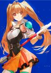 1girl ahoge blurry brown_hair cropped_jacket depth_of_field eiyuu_densetsu estelle_bright gloves hair_intakes highres holding holding_polearm holding_weapon jacket long_hair looking_at_viewer nishihara_isao polearm red_eyes shoulder_armor single_spaulder skirt smile solo sora_no_kiseki thighhighs twintails very_long_hair weapon 
