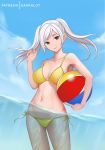  1girl artist_name ball bangs bare_arms bare_shoulders beachball bikini blue_sky breasts brown_eyes cleavage closed_mouth collarbone cowboy_shot dakkalot day fire_emblem fire_emblem_awakening groin hand_up long_hair looking_at_viewer medium_breasts navel outdoors ribbon robin_(fire_emblem) robin_(fire_emblem)_(female) side-tie_bikini sidelocks silver_hair sky smile solo stomach swept_bangs swimsuit twintails yellow_bikini yellow_ribbon 