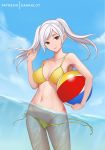  1girl artist_name ball bangs bare_arms bare_shoulders beachball bikini blue_sky breasts brown_eyes cleavage closed_mouth collarbone cowboy_shot dakkalot day fire_emblem fire_emblem_awakening groin hand_up long_hair looking_at_viewer medium_breasts navel outdoors ribbon robin_(fire_emblem) robin_(fire_emblem)_(female) side-tie_bikini sidelocks silver_hair sky smile solo stomach swept_bangs swimsuit twintails wardrobe_malfunction yellow_bikini yellow_ribbon 