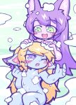  2girls :3 :d animal_ears blonde_hair blush_stickers breasts commentary_request eyebrows_visible_through_hair fang foam_censor green_eyes hair_between_eyes kayo!!_(gotoran) league_of_legends lulu_(league_of_legends) multiple_girls navel nude one_eye_closed open_mouth poppy purple_eyes purple_hair showering sitting small_breasts smile 