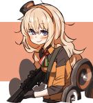  1girl amonitto blonde_hair blue_eyes blush commentary_request fabarm_sat-8 girls_frontline gloves gun hairband italian_flag_neckwear long_hair looking_at_viewer messy_hair orange_hairband s.a.t.8_(girls_frontline) shotgun smile solo very_long_hair weapon 