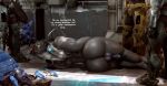  alien anus armor balls big_butt butt dialogue english_text genitals gun halo_(series) helpless hi_res inviting lying male microsoft moreuselesssource_(artist) on_side plasma_gun presenting presenting_hindquarters ranged_weapon rifle sangheili solo spartan_(halo) surrounded text video_games weapon xbox_game_studios 