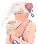  1girl american_flag_bikini asymmetrical_hair bangs bare_shoulders bikini blue_eyes breasts bubble_tea bun_cover cleavage collarbone cup disposable_cup drinking drinking_straw fate/grand_order fate_(series) flag_print hair_bun holding holding_cup large_breasts long_hair looking_at_viewer miyamoto_musashi_(fate/grand_order) miyamoto_musashi_(swimsuit_berserker)_(fate) mo_(kireinamo) pink_hair side_bun simple_background swept_bangs swimsuit tan tanline white_background 