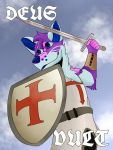  3:4 anthro armor bitchboikai blue_eyes character_golde crusader fur hi_res male melee_weapon purple_body purple_fur shield solo sword weapon 